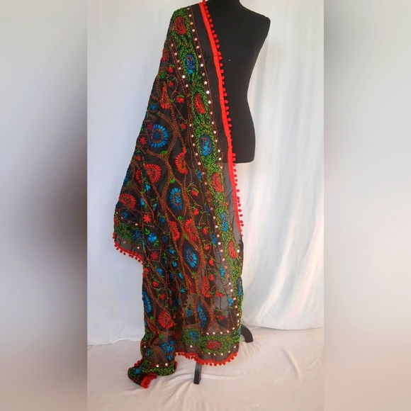 Phulkari work chanderi silk dupatta with mirror embellishments and pom p… - Picture 1 of 1
